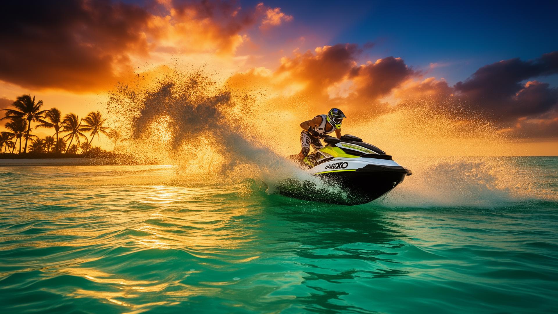 Jet ski racing across the Gulf at sunset